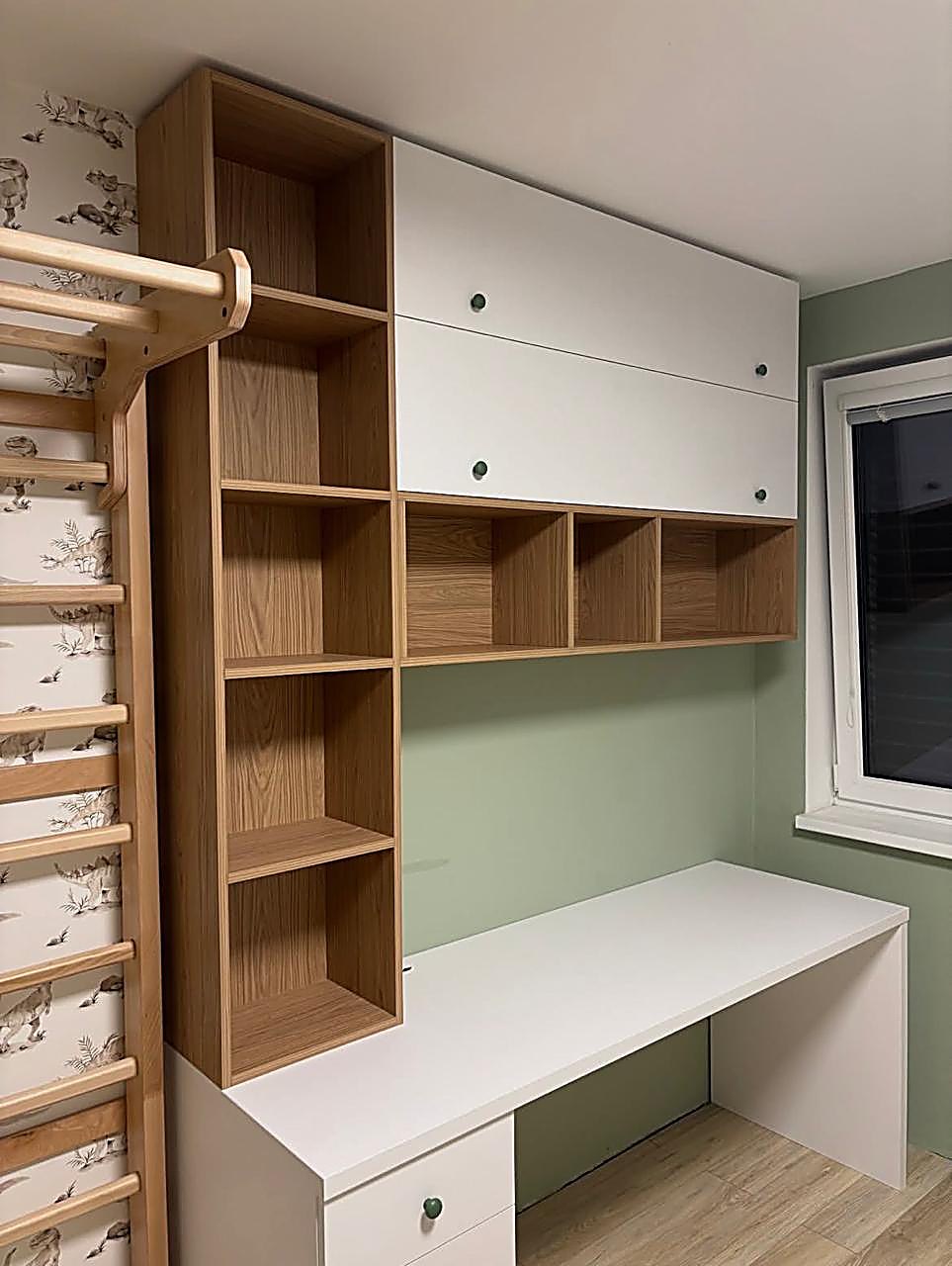 Kerarapon Karen — Bespoke wardrobes and open oak shelving in a sage-green bedroom at a Kerarapon home in Karen, Nairobi — custom joinery by Epique Interiors.